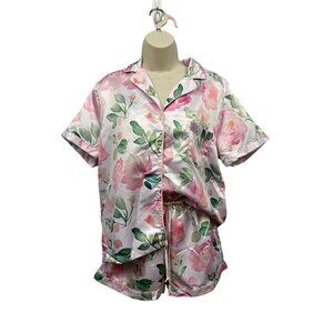 Hello Gorgeous women’s pj set 2 pc sz XS pink floral satin button up shorts
